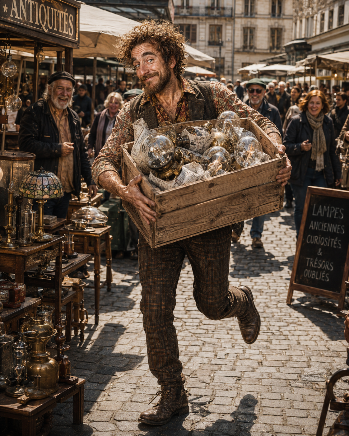 Tonti trägt eine Kiste voller alter Glühbirnen auf einem Antiquitätenmarkt